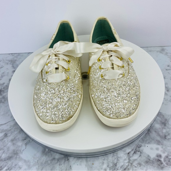Kate Spade Keds Sneakers Womens 5.5 White Cream Satin Lace Glitter Dipped Bridal - Picture 4 of 8